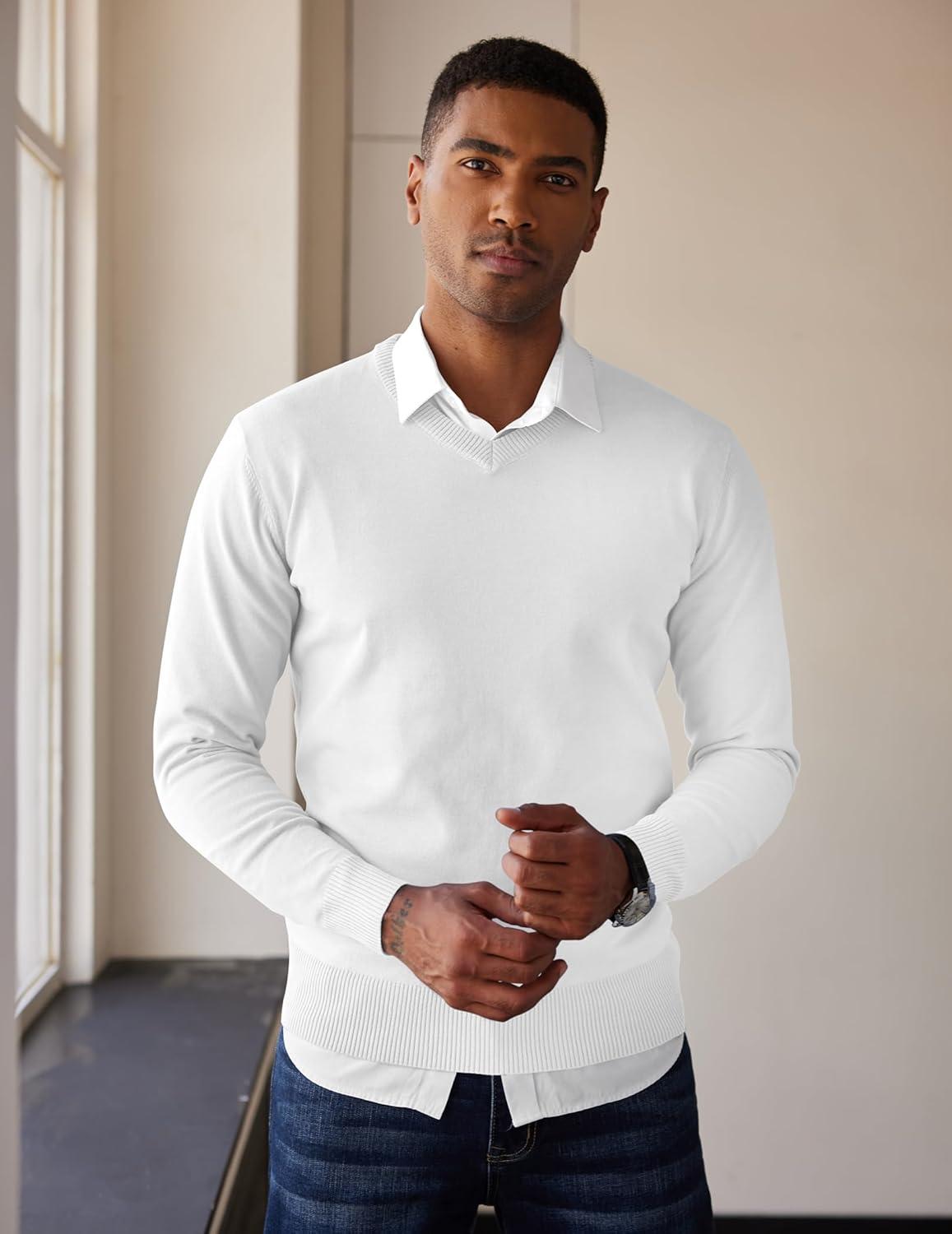 imageCOOFANDY Mens V Neck Sweater Lightweight Knitted Pullover SweatersWhite