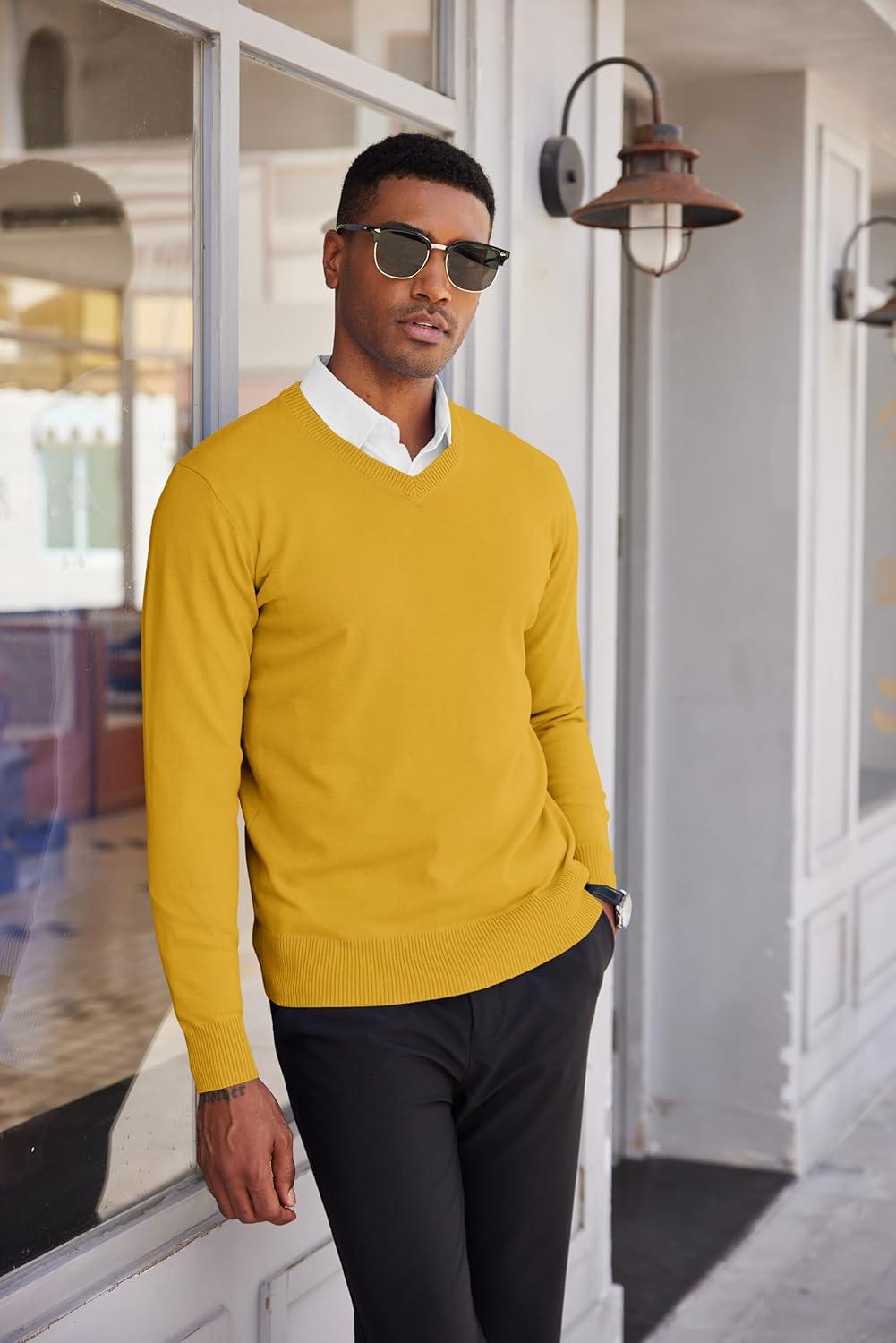imageCOOFANDY Mens V Neck Sweater Lightweight Knitted Pullover SweatersYellow