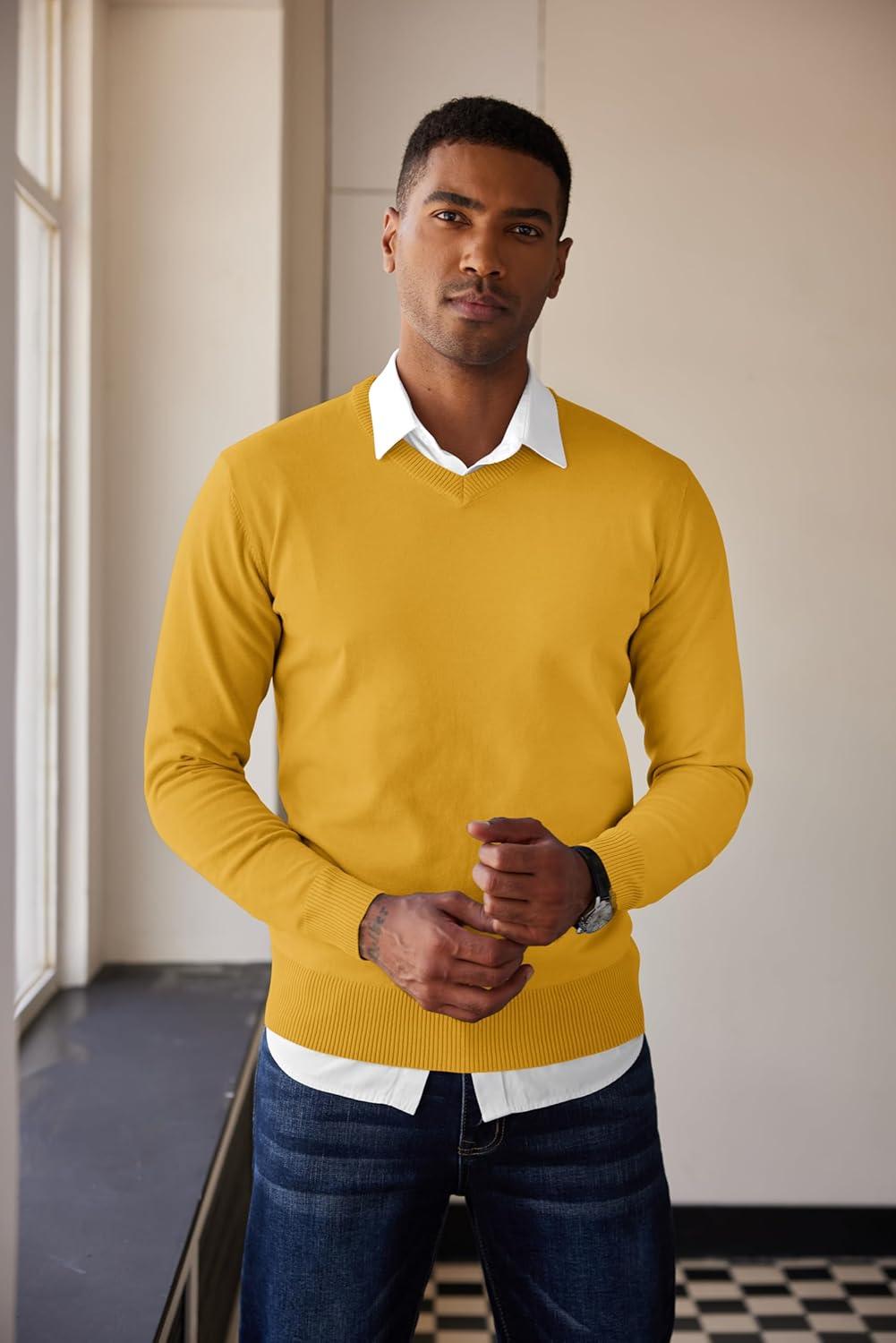 imageCOOFANDY Mens V Neck Sweater Lightweight Knitted Pullover SweatersYellow