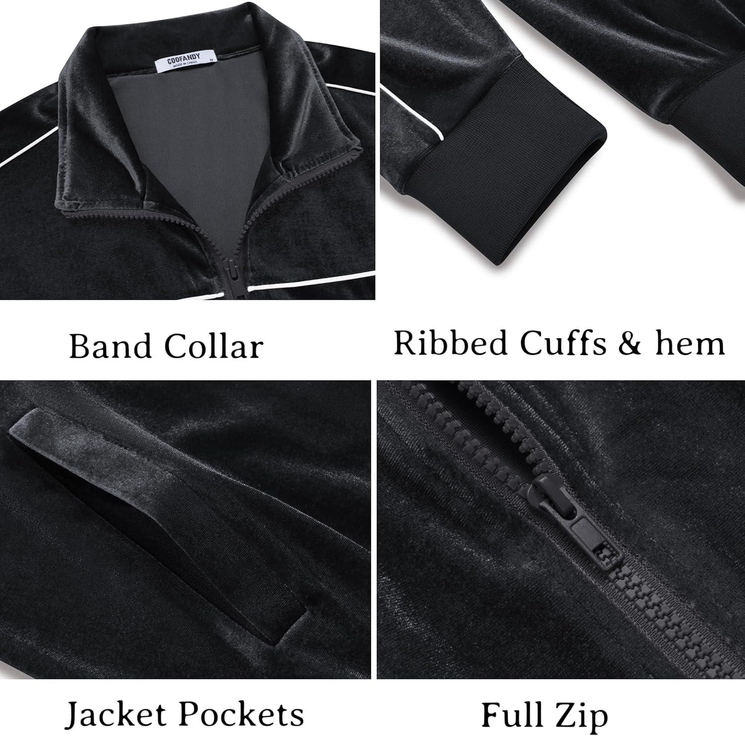 imageCOOFANDY Mens Velour Tracksuits 2 Piece Set Outfits Zip Up Sweatsuits Velvet Jacket Pants SetBlack