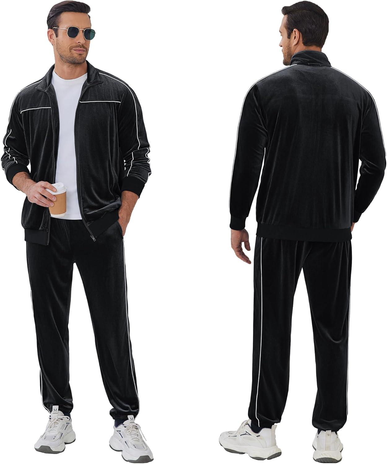 imageCOOFANDY Mens Velour Tracksuits 2 Piece Set Outfits Zip Up Sweatsuits Velvet Jacket Pants SetBlack