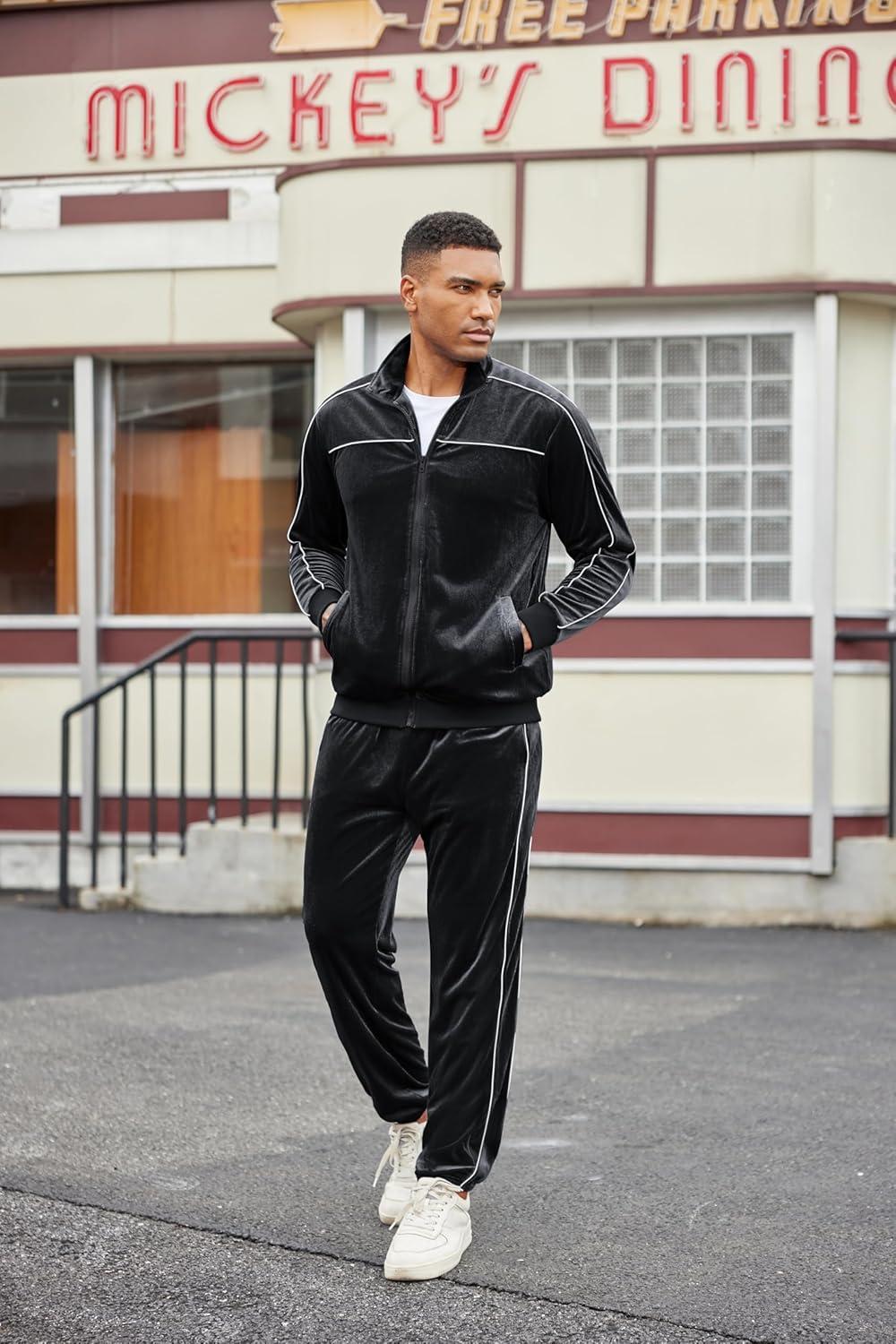 imageCOOFANDY Mens Velour Tracksuits 2 Piece Set Outfits Zip Up Sweatsuits Velvet Jacket Pants SetBlack