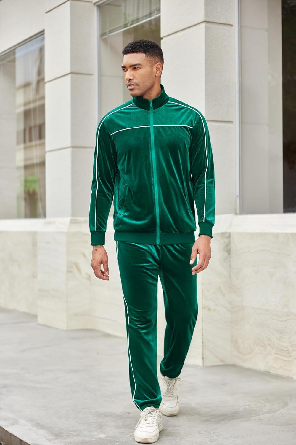 imageCOOFANDY Mens Velour Tracksuits 2 Piece Set Outfits Zip Up Sweatsuits Velvet Jacket Pants SetEvergreen