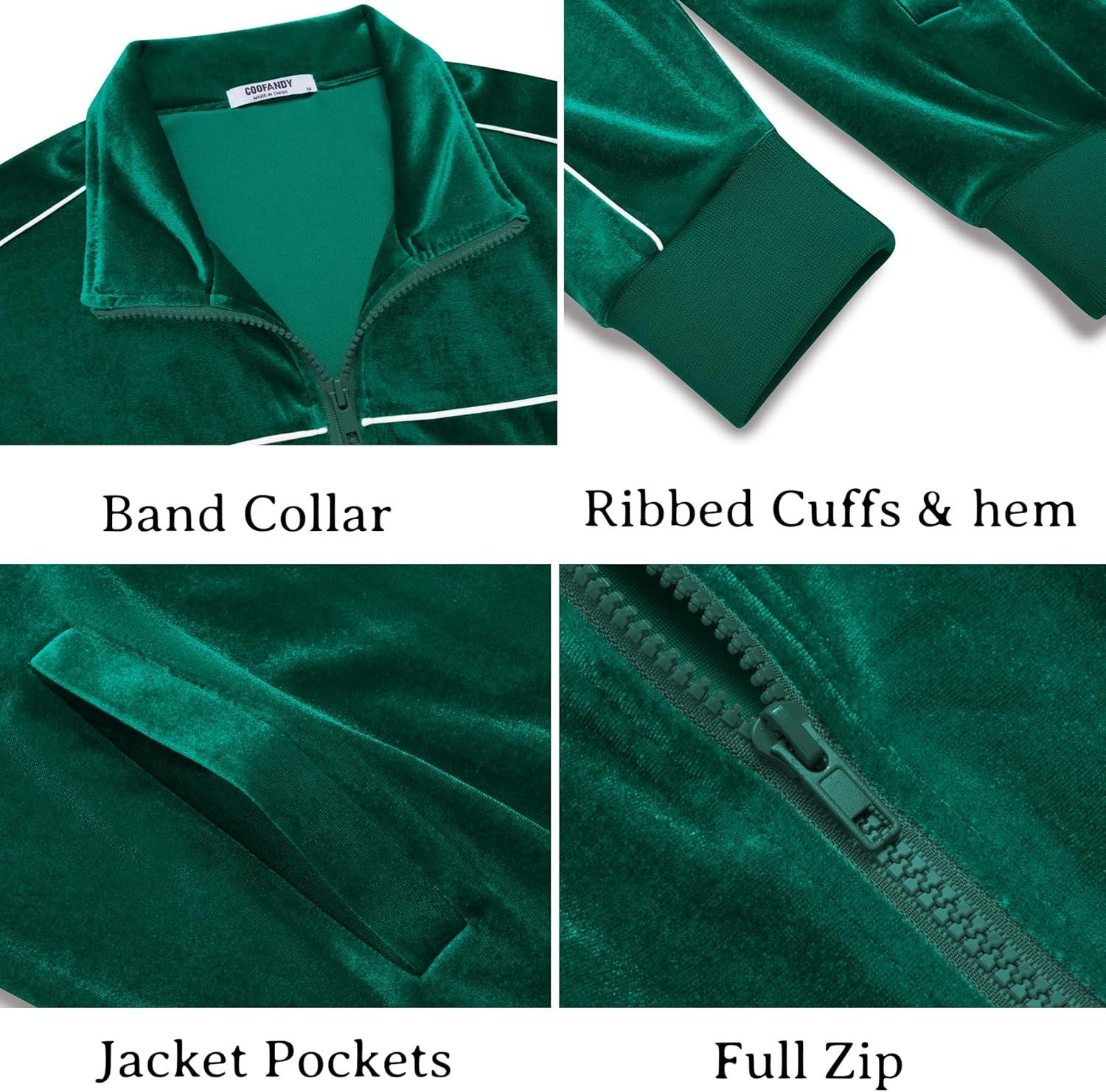 imageCOOFANDY Mens Velour Tracksuits 2 Piece Set Outfits Zip Up Sweatsuits Velvet Jacket Pants SetEvergreen