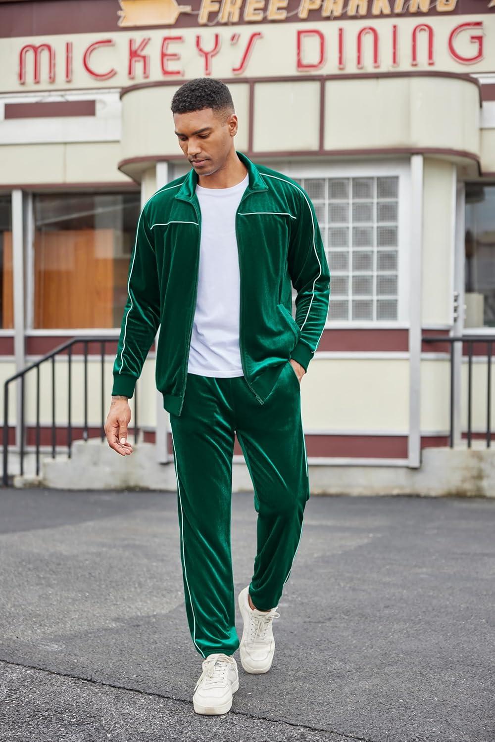 imageCOOFANDY Mens Velour Tracksuits 2 Piece Set Outfits Zip Up Sweatsuits Velvet Jacket Pants SetEvergreen