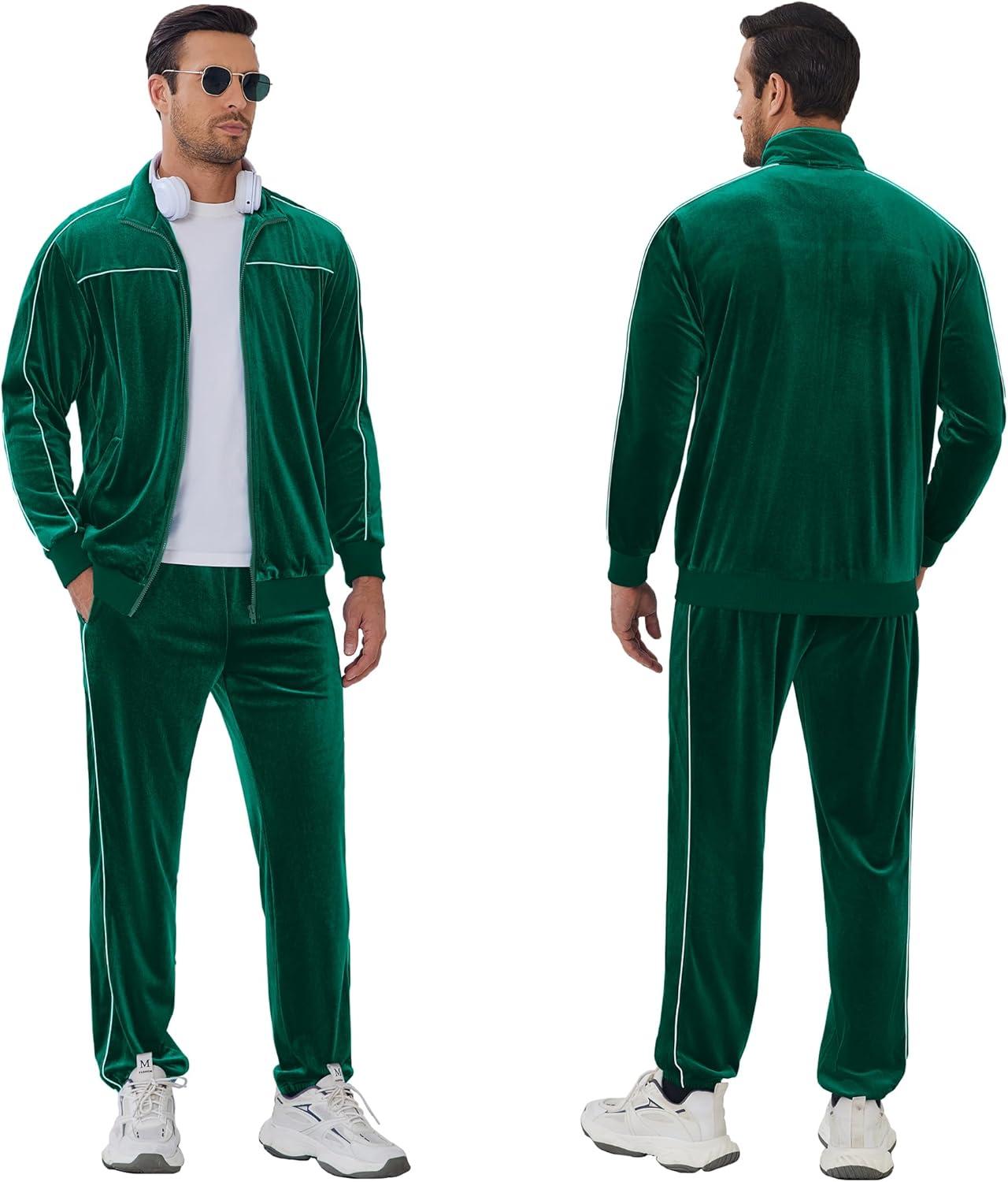 imageCOOFANDY Mens Velour Tracksuits 2 Piece Set Outfits Zip Up Sweatsuits Velvet Jacket Pants SetEvergreen