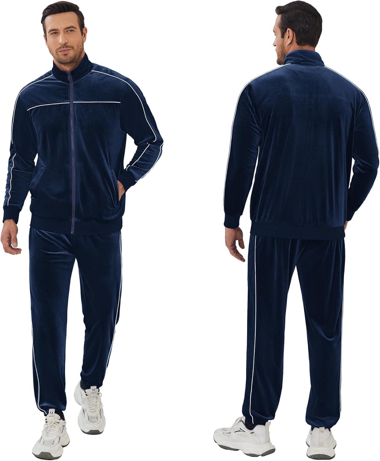 imageCOOFANDY Mens Velour Tracksuits 2 Piece Set Outfits Zip Up Sweatsuits Velvet Jacket Pants SetNavy