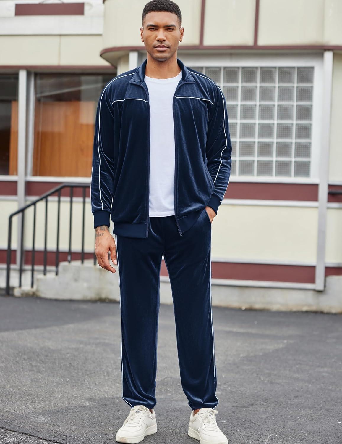 imageCOOFANDY Mens Velour Tracksuits 2 Piece Set Outfits Zip Up Sweatsuits Velvet Jacket Pants SetNavy