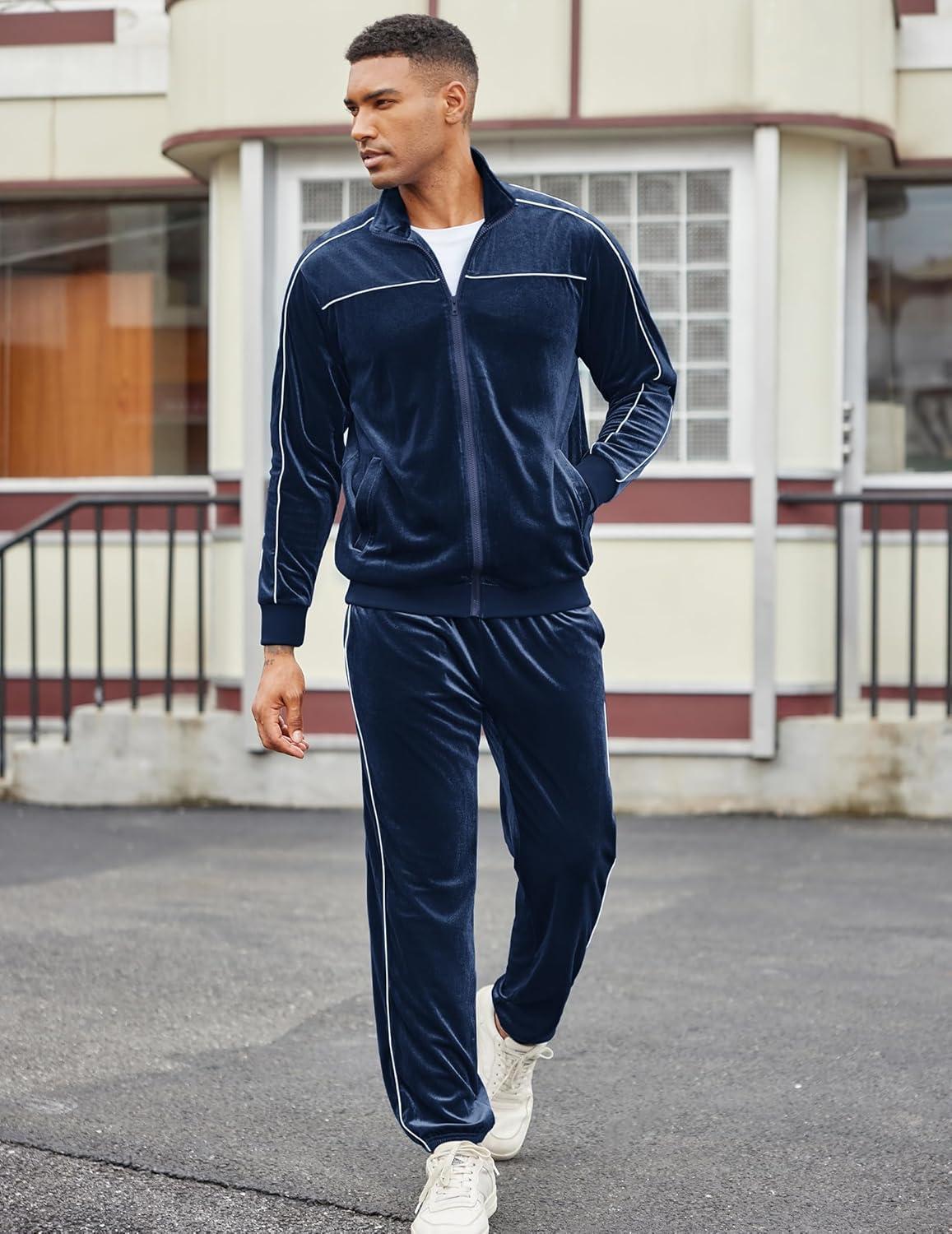 imageCOOFANDY Mens Velour Tracksuits 2 Piece Set Outfits Zip Up Sweatsuits Velvet Jacket Pants SetNavy