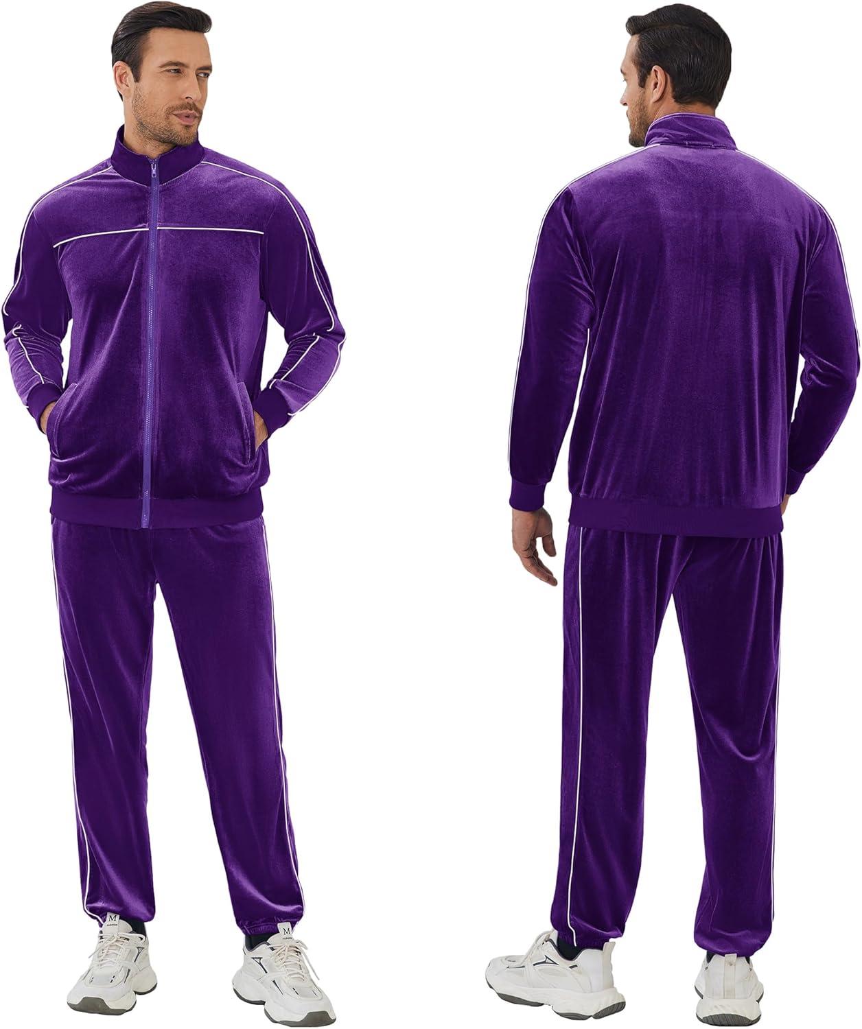 imageCOOFANDY Mens Velour Tracksuits 2 Piece Set Outfits Zip Up Sweatsuits Velvet Jacket Pants SetPurple