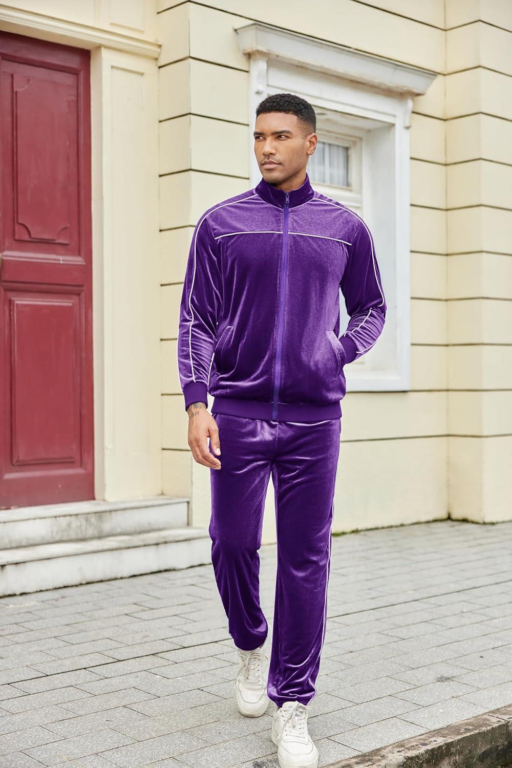 imageCOOFANDY Mens Velour Tracksuits 2 Piece Set Outfits Zip Up Sweatsuits Velvet Jacket Pants SetPurple