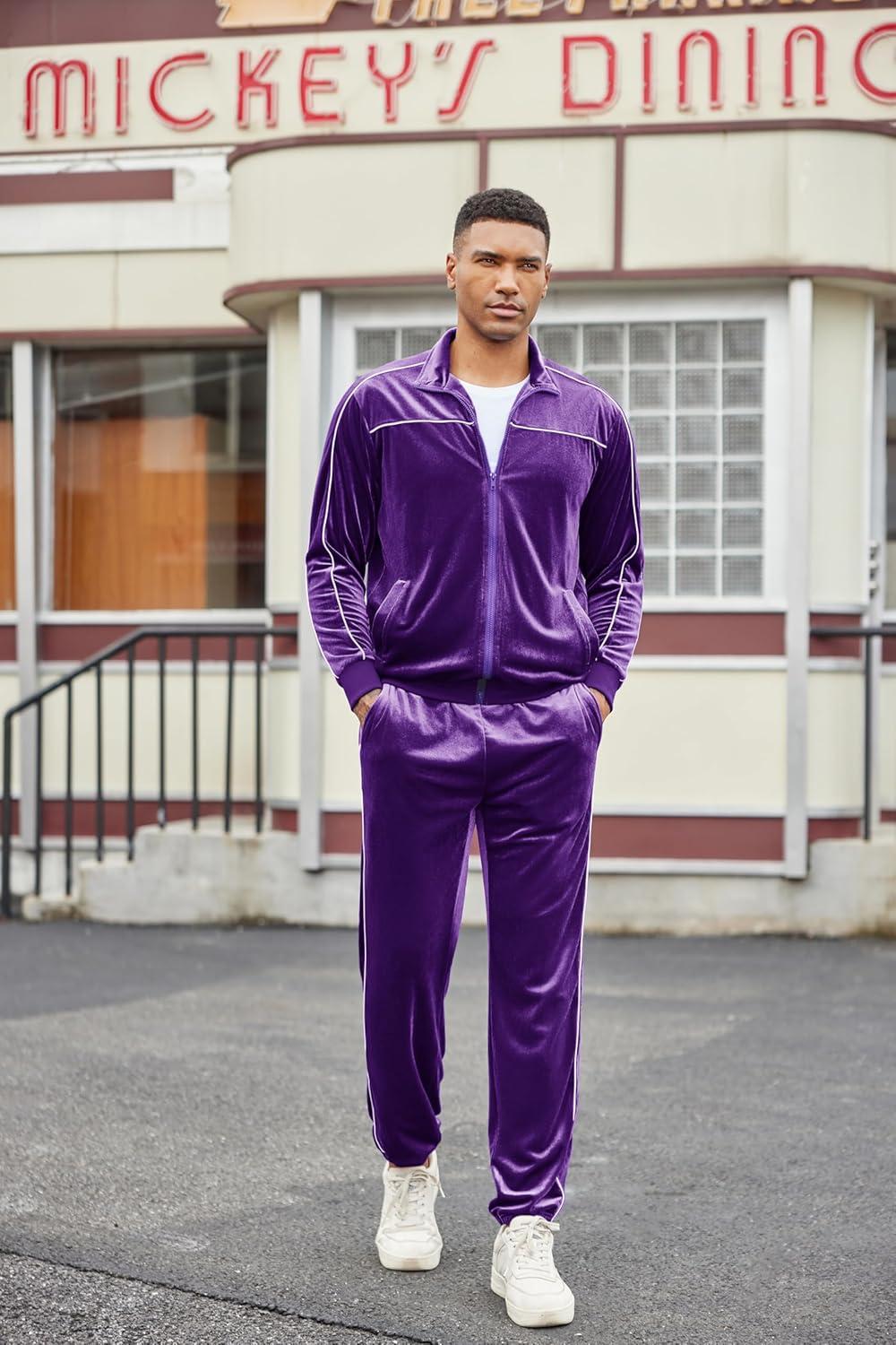 imageCOOFANDY Mens Velour Tracksuits 2 Piece Set Outfits Zip Up Sweatsuits Velvet Jacket Pants SetPurple