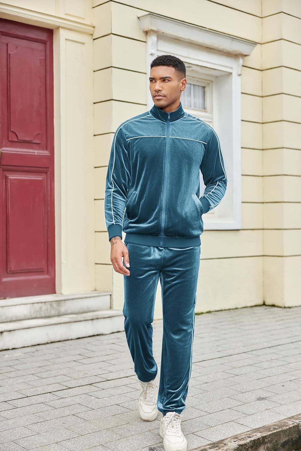 imageCOOFANDY Mens Velour Tracksuits 2 Piece Set Outfits Zip Up Sweatsuits Velvet Jacket Pants SetTeal