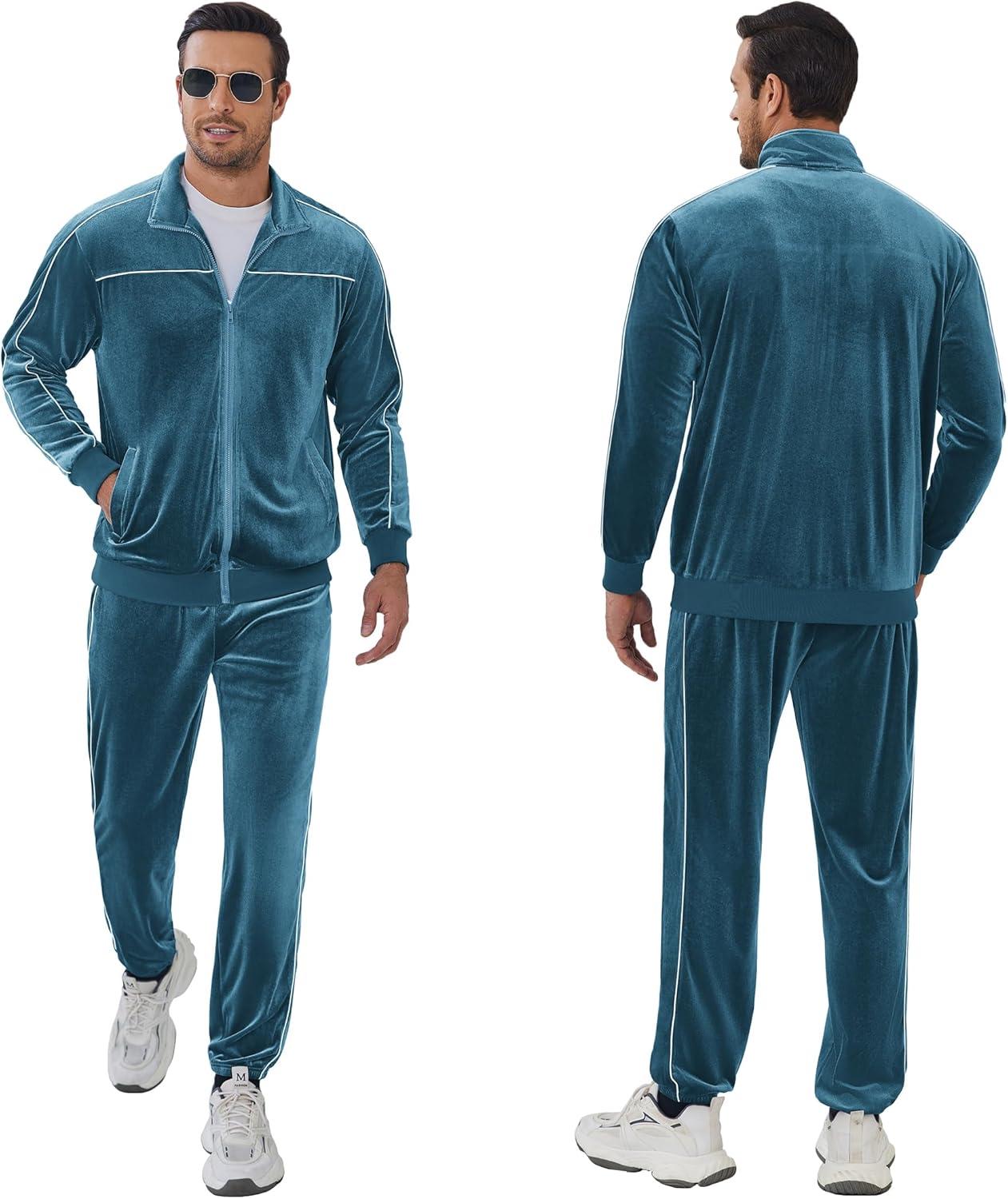 imageCOOFANDY Mens Velour Tracksuits 2 Piece Set Outfits Zip Up Sweatsuits Velvet Jacket Pants SetTeal