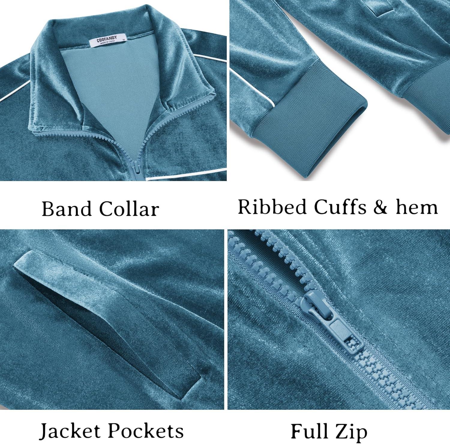 imageCOOFANDY Mens Velour Tracksuits 2 Piece Set Outfits Zip Up Sweatsuits Velvet Jacket Pants SetTeal