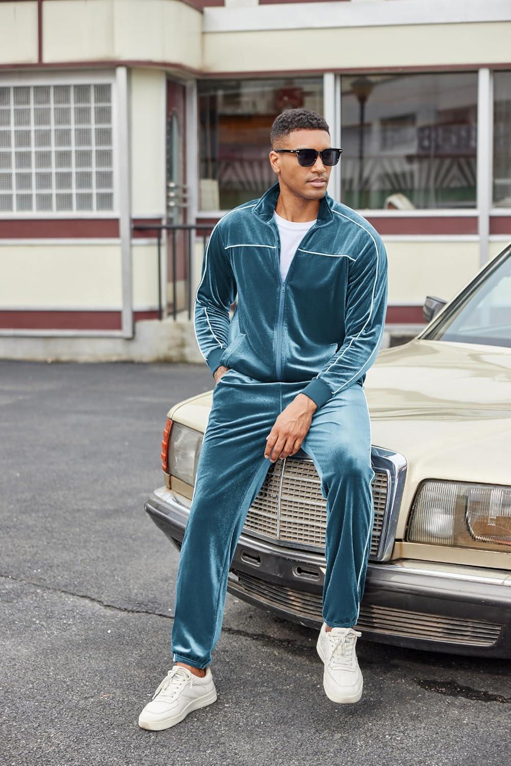 imageCOOFANDY Mens Velour Tracksuits 2 Piece Set Outfits Zip Up Sweatsuits Velvet Jacket Pants SetTeal