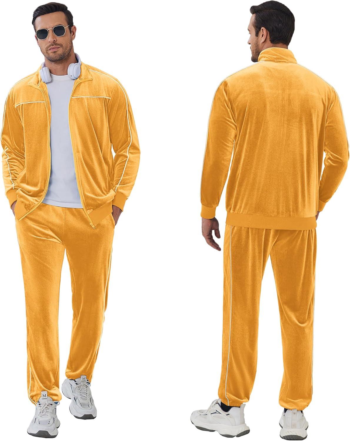 imageCOOFANDY Mens Velour Tracksuits 2 Piece Set Outfits Zip Up Sweatsuits Velvet Jacket Pants SetYellow