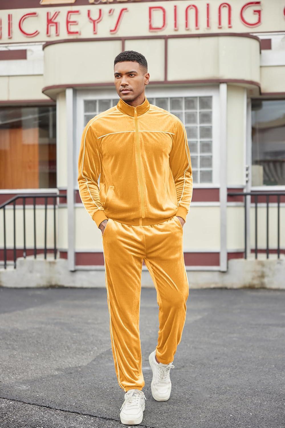 imageCOOFANDY Mens Velour Tracksuits 2 Piece Set Outfits Zip Up Sweatsuits Velvet Jacket Pants SetYellow