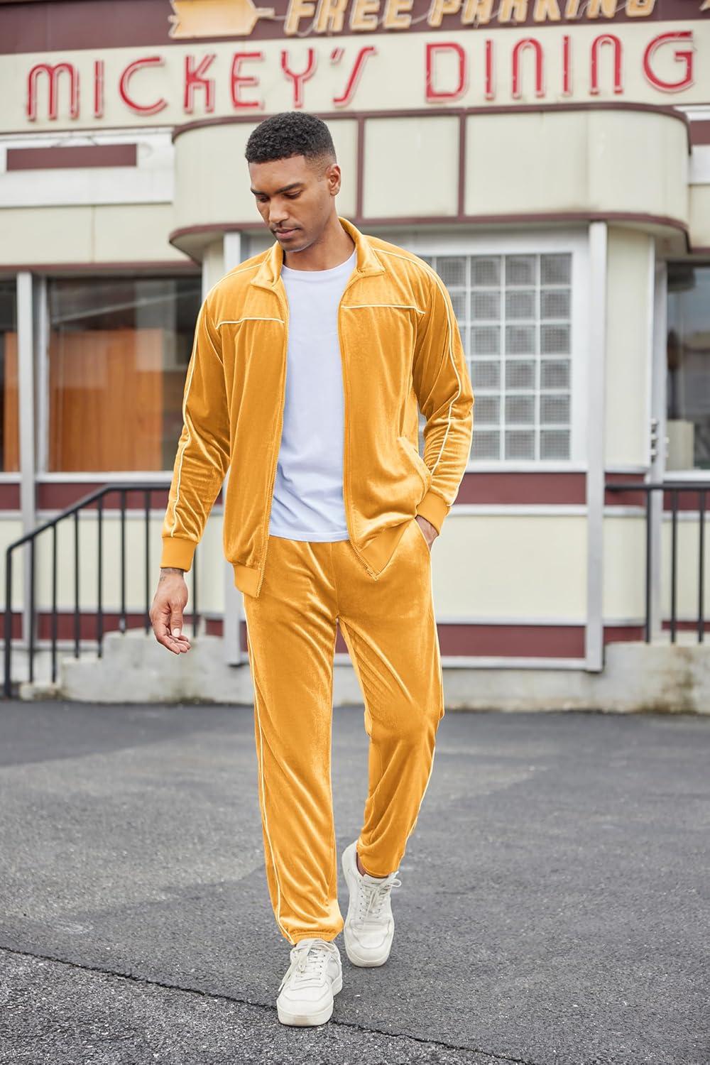 imageCOOFANDY Mens Velour Tracksuits 2 Piece Set Outfits Zip Up Sweatsuits Velvet Jacket Pants SetYellow