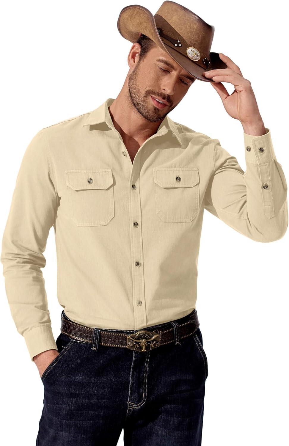 imageCOOFANDY Mens Western Cowboy Shirt Long Sleeve Cotton Button Down Work Shirts with PocketsBeige