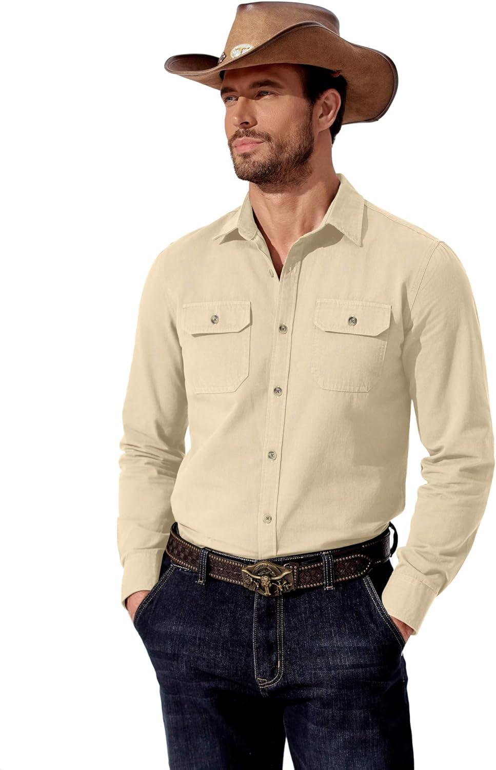 imageCOOFANDY Mens Western Cowboy Shirt Long Sleeve Cotton Button Down Work Shirts with PocketsBeige
