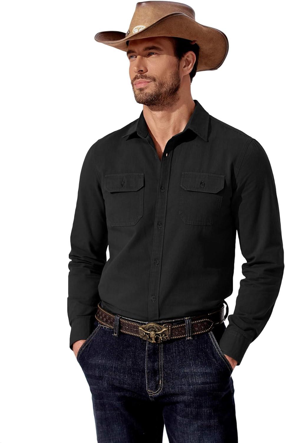 imageCOOFANDY Mens Western Cowboy Shirt Long Sleeve Cotton Button Down Work Shirts with PocketsBlack