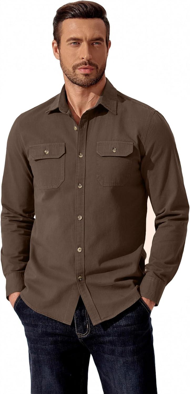 imageCOOFANDY Mens Western Cowboy Shirt Long Sleeve Cotton Button Down Work Shirts with PocketsBrown