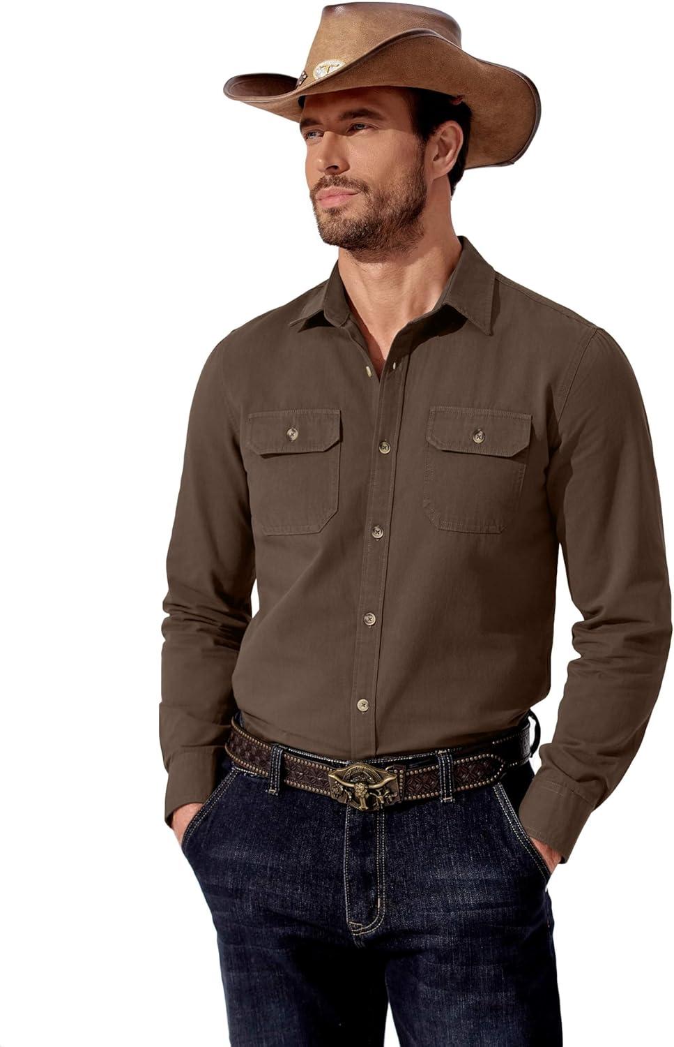 imageCOOFANDY Mens Western Cowboy Shirt Long Sleeve Cotton Button Down Work Shirts with PocketsBrown