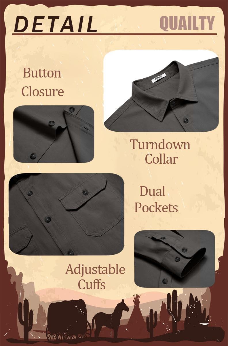 imageCOOFANDY Mens Western Cowboy Shirt Long Sleeve Cotton Button Down Work Shirts with PocketsDark Grey