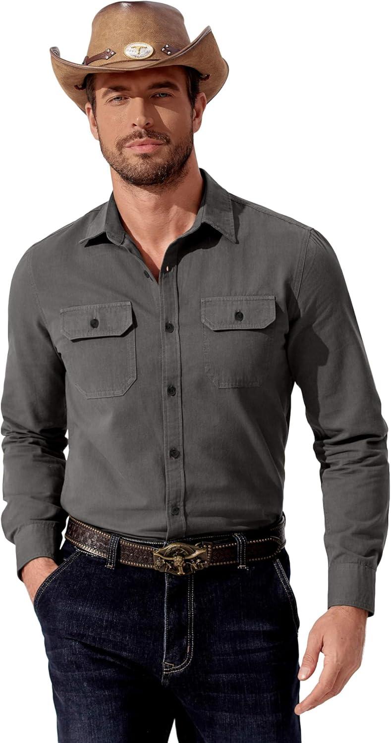 imageCOOFANDY Mens Western Cowboy Shirt Long Sleeve Cotton Button Down Work Shirts with PocketsDark Grey