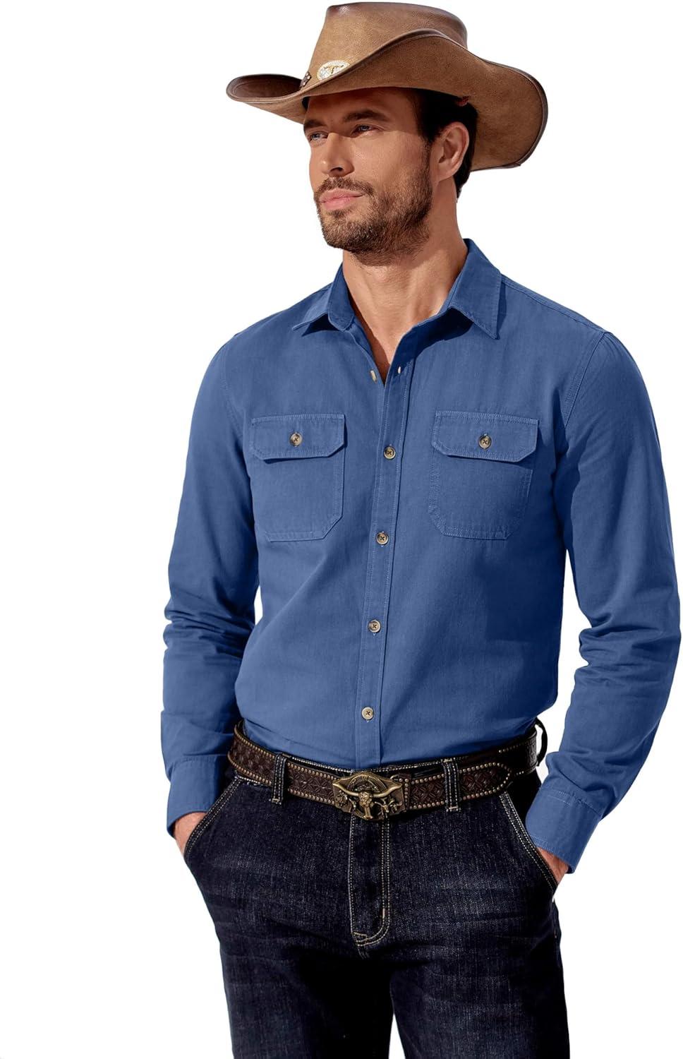 imageCOOFANDY Mens Western Cowboy Shirt Long Sleeve Cotton Button Down Work Shirts with PocketsDenim Blue