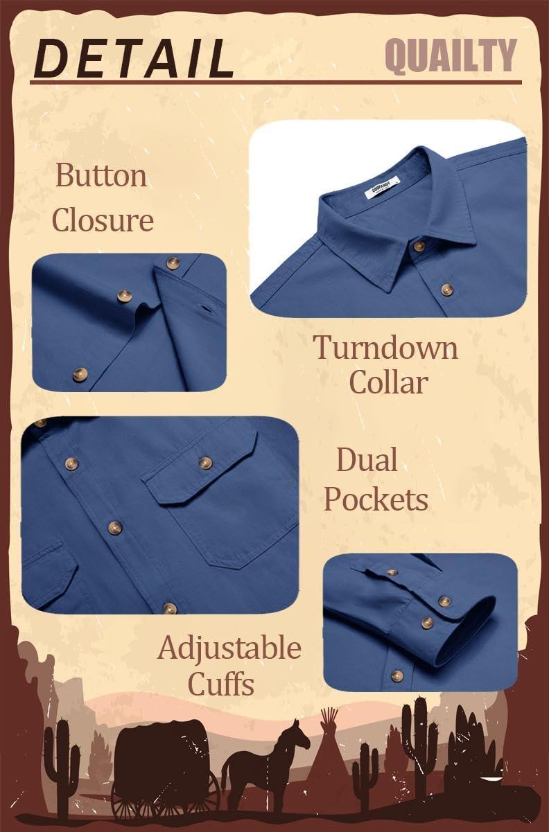 imageCOOFANDY Mens Western Cowboy Shirt Long Sleeve Cotton Button Down Work Shirts with PocketsDenim Blue