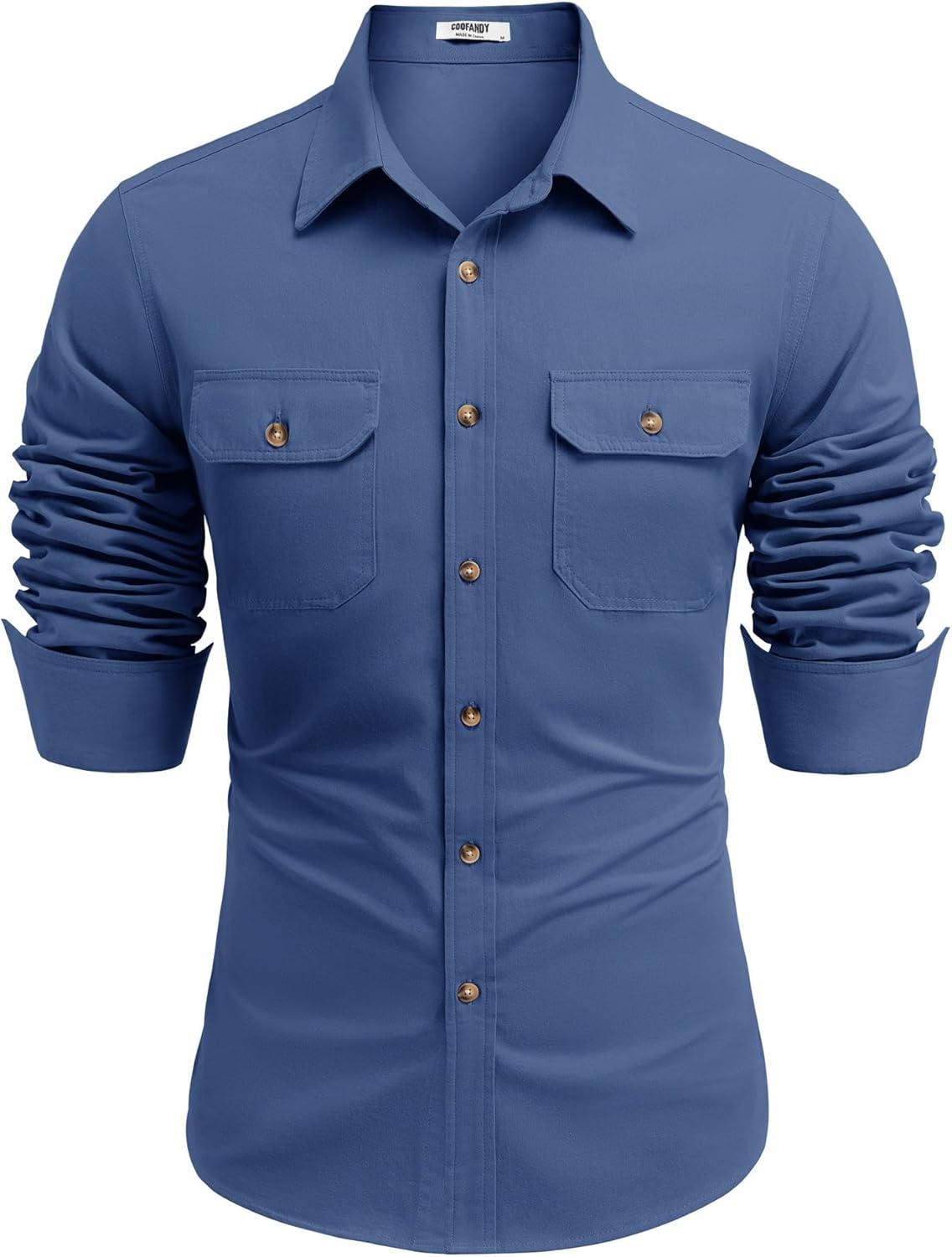 imageCOOFANDY Mens Western Cowboy Shirt Long Sleeve Cotton Button Down Work Shirts with PocketsDenim Blue