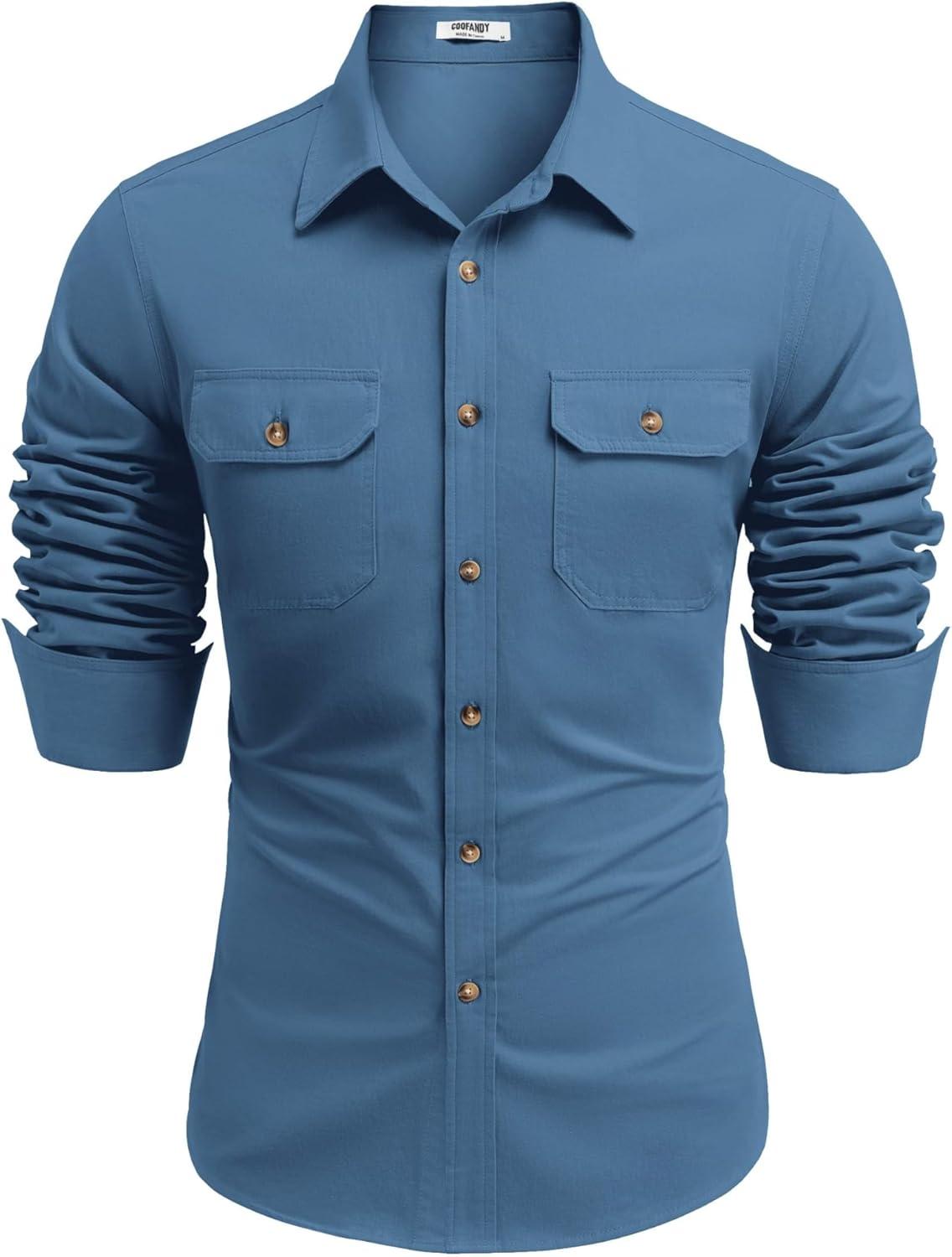 imageCOOFANDY Mens Western Cowboy Shirt Long Sleeve Cotton Button Down Work Shirts with PocketsGrey Blue