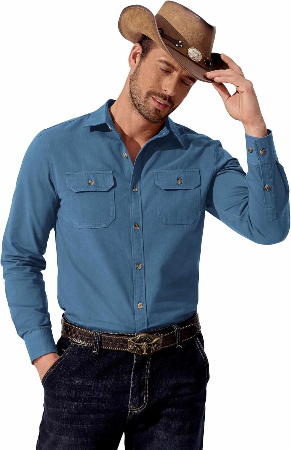 imageCOOFANDY Mens Western Cowboy Shirt Long Sleeve Cotton Button Down Work Shirts with PocketsGrey Blue