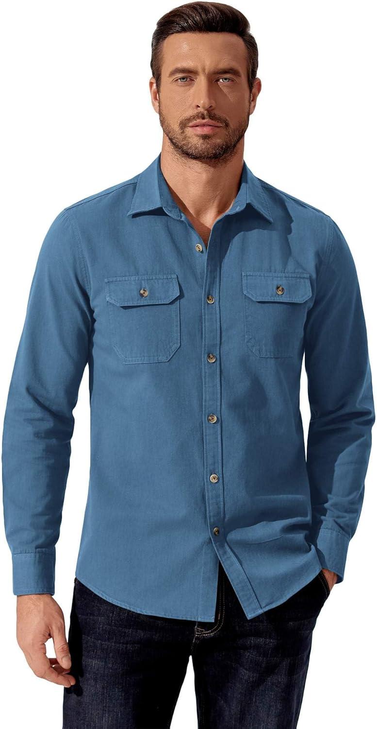 imageCOOFANDY Mens Western Cowboy Shirt Long Sleeve Cotton Button Down Work Shirts with PocketsGrey Blue