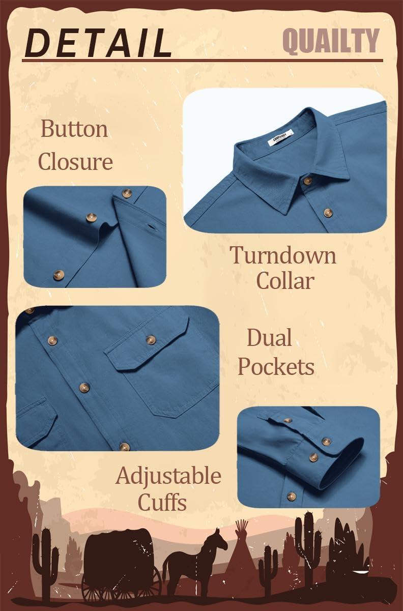 imageCOOFANDY Mens Western Cowboy Shirt Long Sleeve Cotton Button Down Work Shirts with PocketsGrey Blue