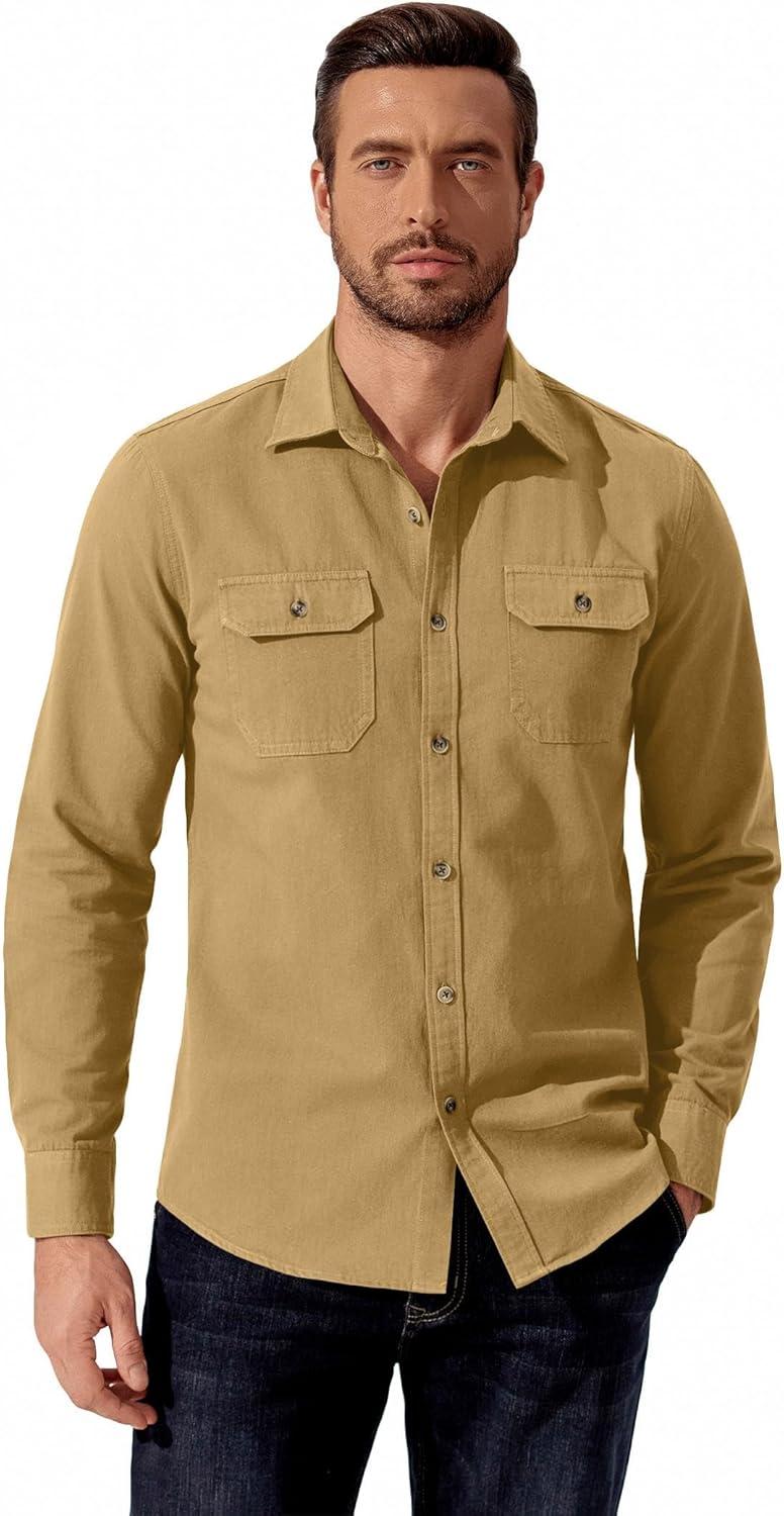 imageCOOFANDY Mens Western Cowboy Shirt Long Sleeve Cotton Button Down Work Shirts with PocketsKhaki