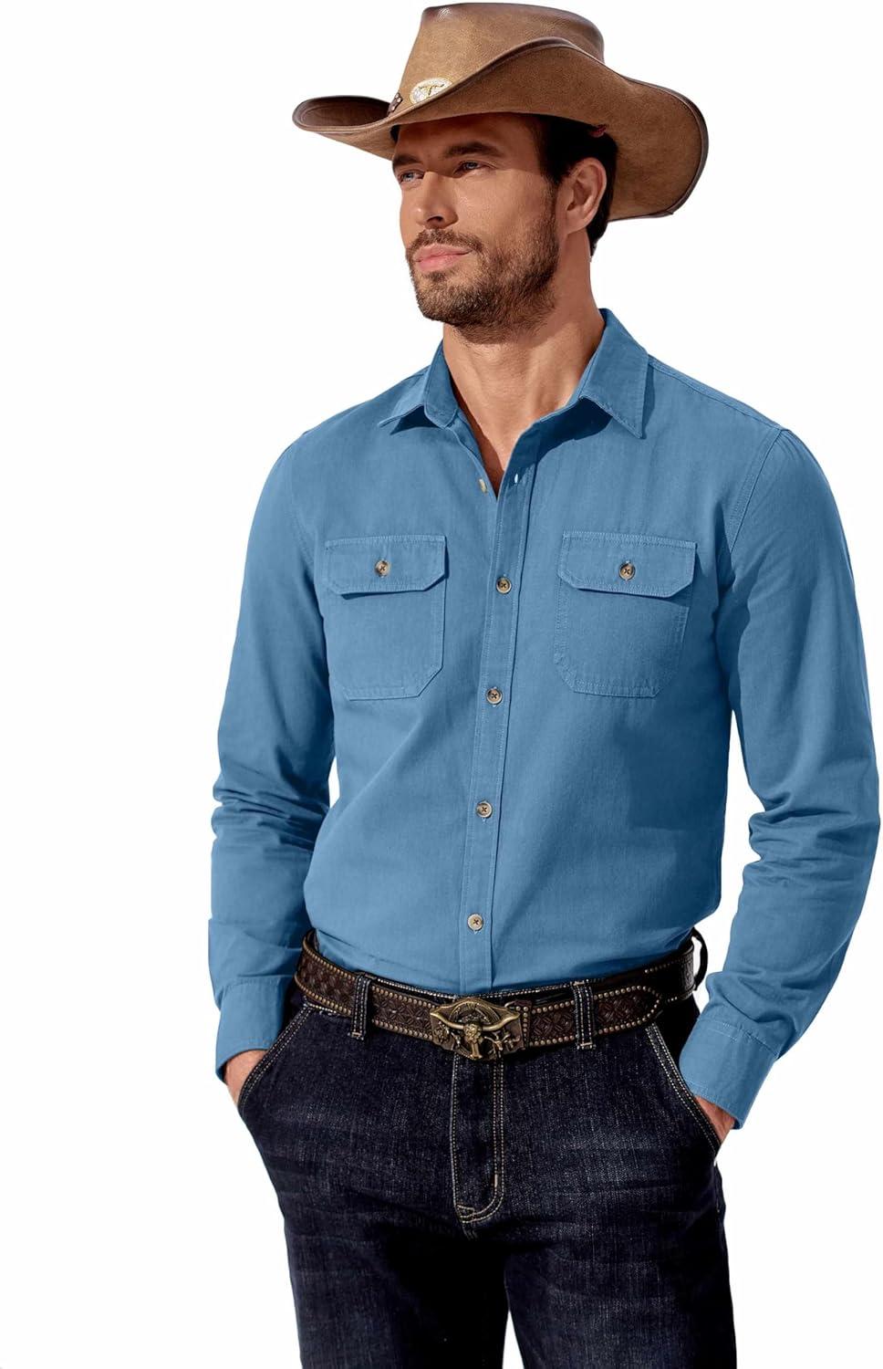 imageCOOFANDY Mens Western Cowboy Shirt Long Sleeve Cotton Button Down Work Shirts with PocketsLight Blue