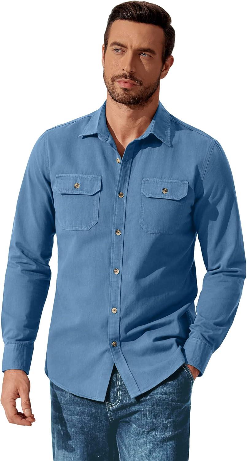imageCOOFANDY Mens Western Cowboy Shirt Long Sleeve Cotton Button Down Work Shirts with PocketsLight Blue