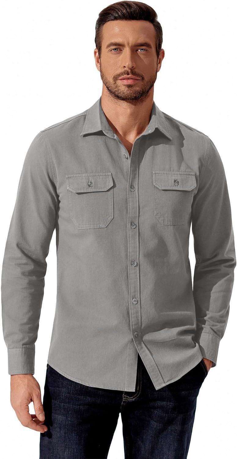 imageCOOFANDY Mens Western Cowboy Shirt Long Sleeve Cotton Button Down Work Shirts with PocketsLight Grey