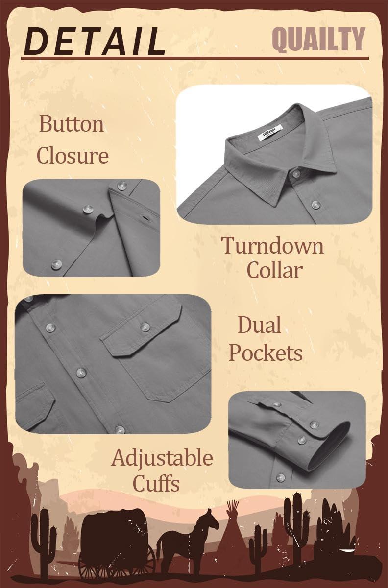 imageCOOFANDY Mens Western Cowboy Shirt Long Sleeve Cotton Button Down Work Shirts with PocketsLight Grey