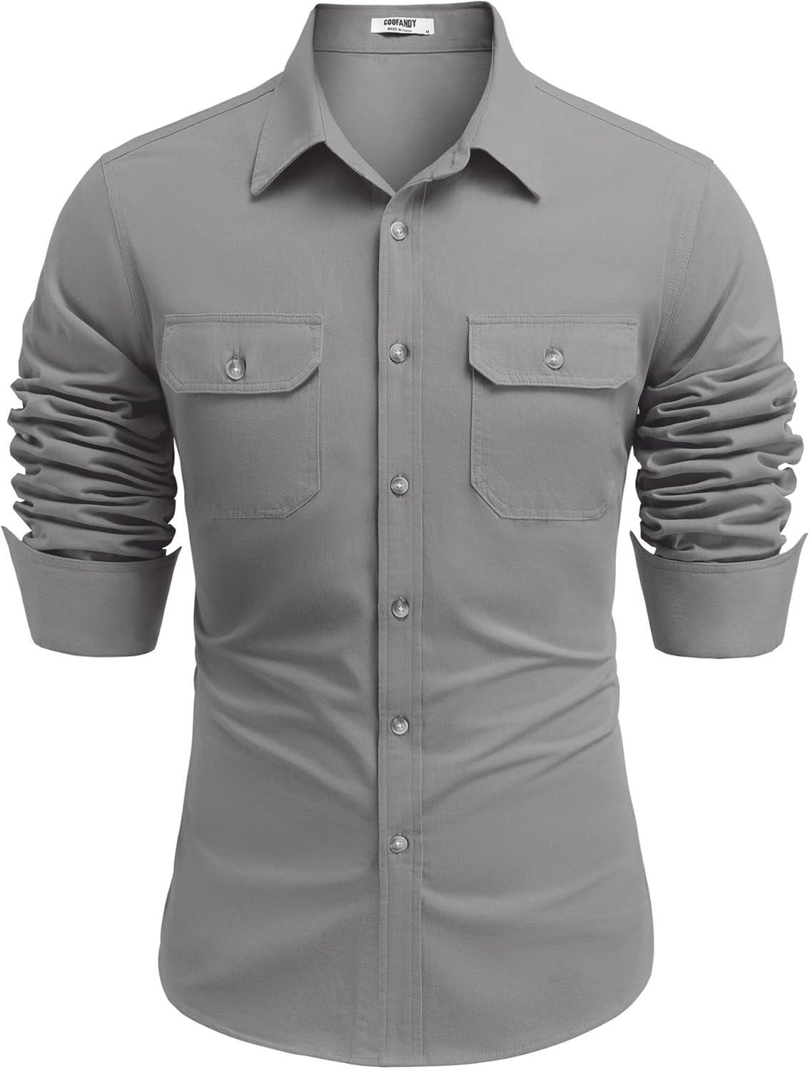 imageCOOFANDY Mens Western Cowboy Shirt Long Sleeve Cotton Button Down Work Shirts with PocketsLight Grey