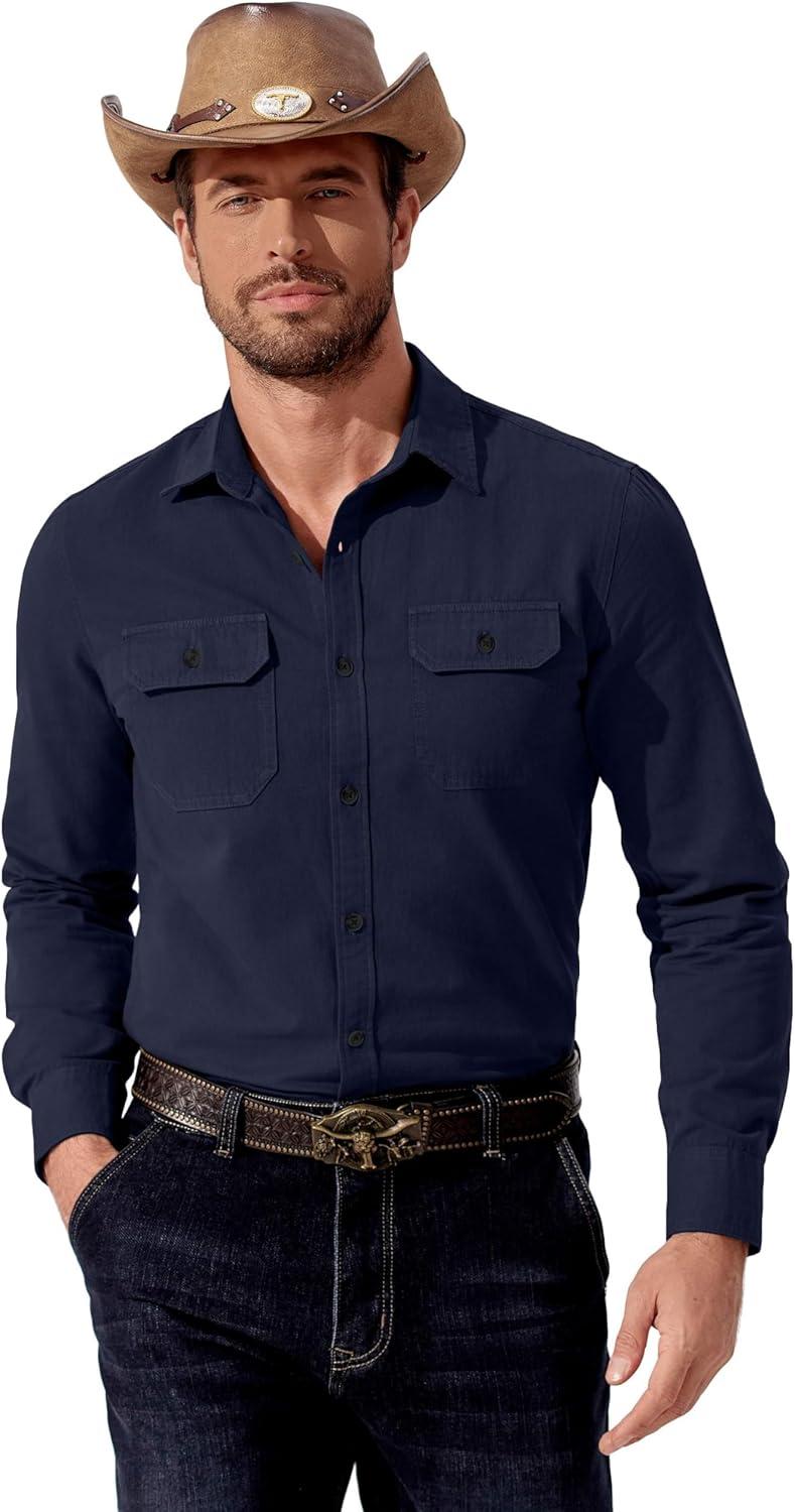 imageCOOFANDY Mens Western Cowboy Shirt Long Sleeve Cotton Button Down Work Shirts with PocketsNavy Blue
