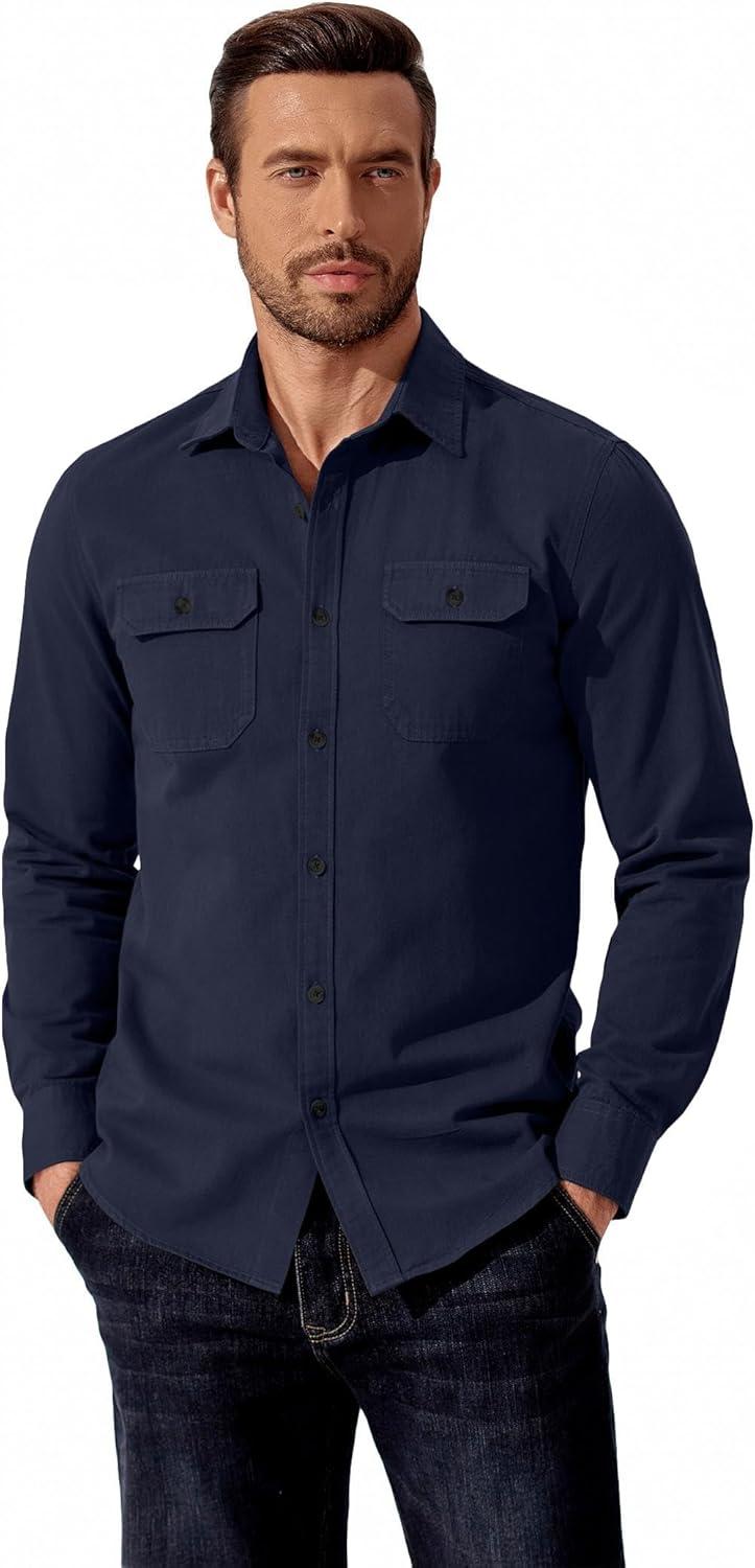 imageCOOFANDY Mens Western Cowboy Shirt Long Sleeve Cotton Button Down Work Shirts with PocketsNavy Blue