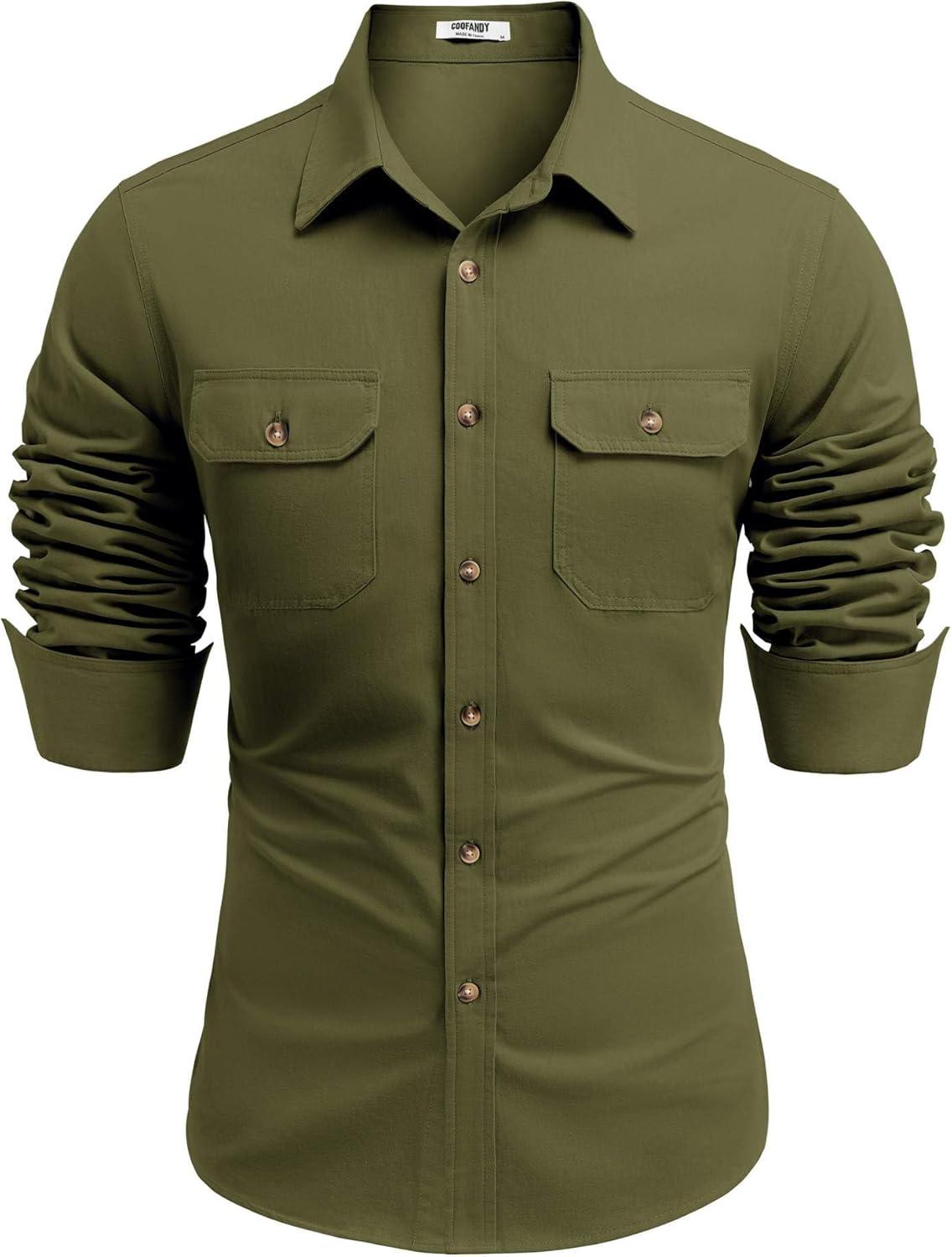 imageCOOFANDY Mens Western Cowboy Shirt Long Sleeve Cotton Button Down Work Shirts with PocketsOlive Green