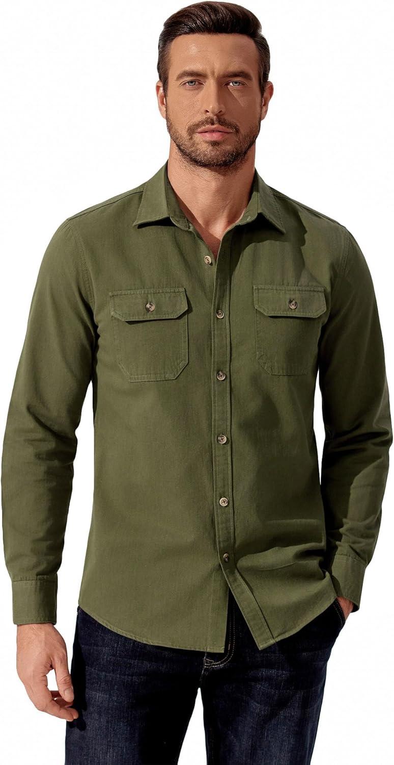 imageCOOFANDY Mens Western Cowboy Shirt Long Sleeve Cotton Button Down Work Shirts with PocketsOlive Green