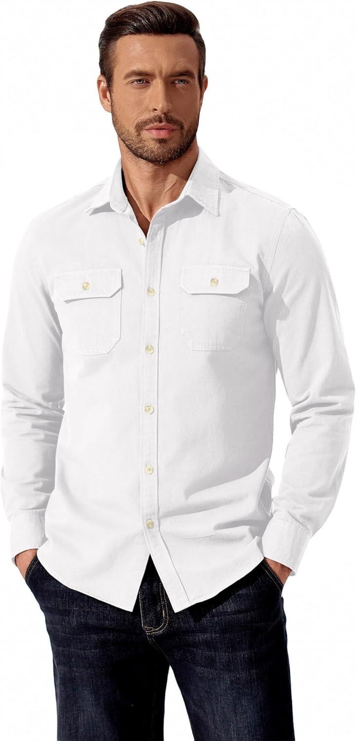 imageCOOFANDY Mens Western Cowboy Shirt Long Sleeve Cotton Button Down Work Shirts with PocketsWhite