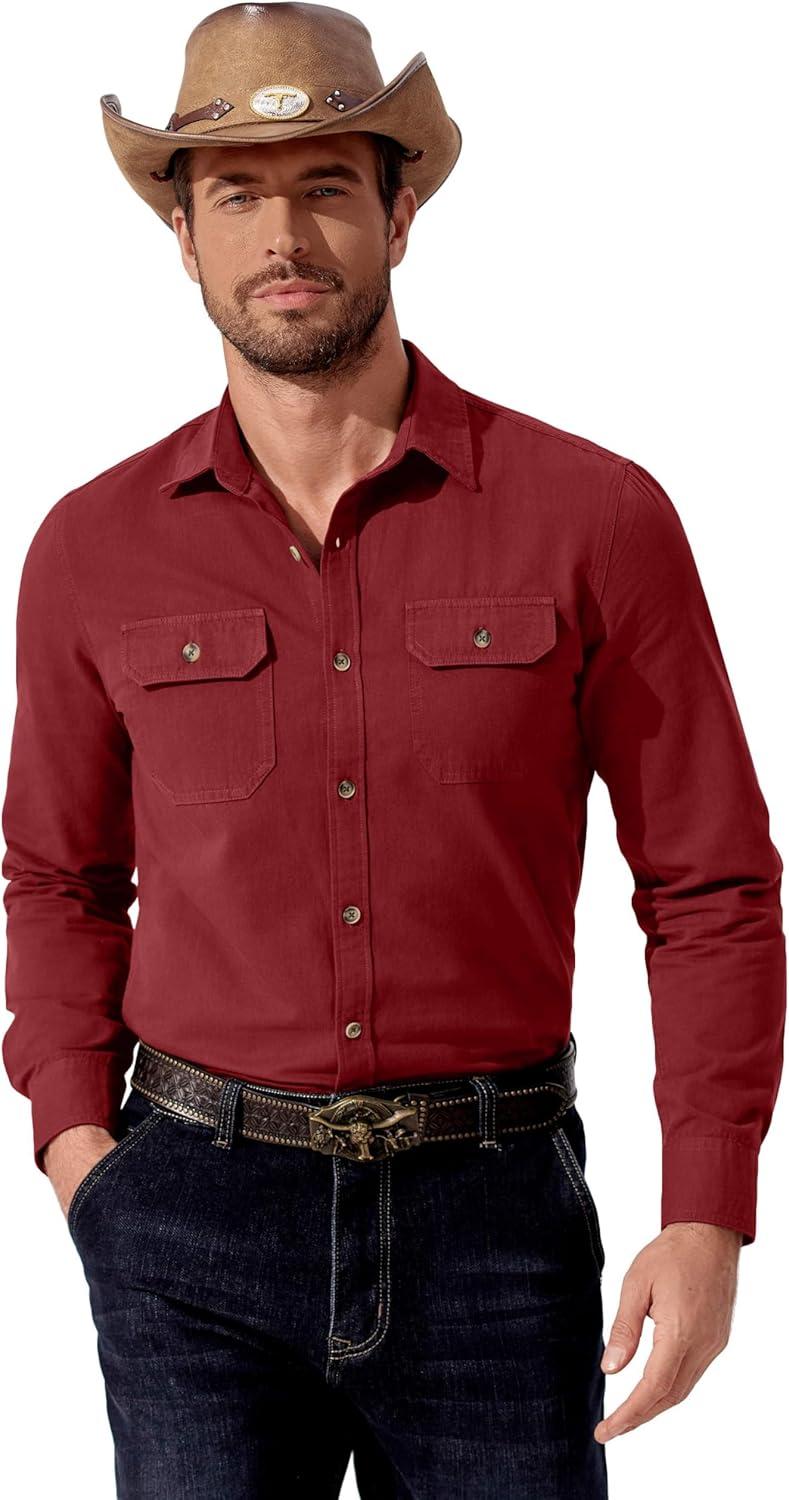 imageCOOFANDY Mens Western Cowboy Shirt Long Sleeve Cotton Button Down Work Shirts with PocketsWine Red