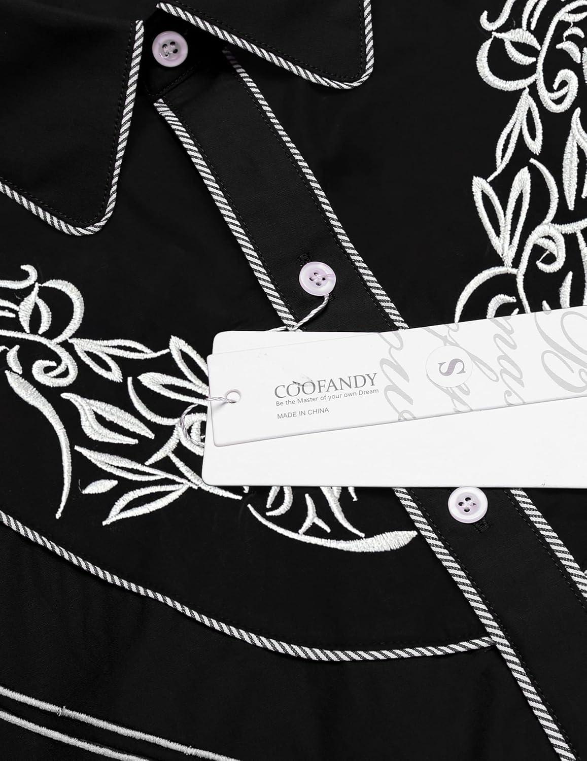 imageCOOFANDY Mens Western Cowboy Shirt Long Sleeve Slim Fit Rose Embroidered Cotton Casual Button Down ShirtsBlack